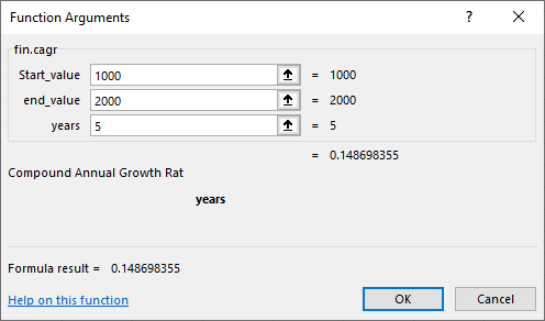 Screenshot showing =FIN.CAGR(1000, 2000, 5) returning ~0.1487 in Excel