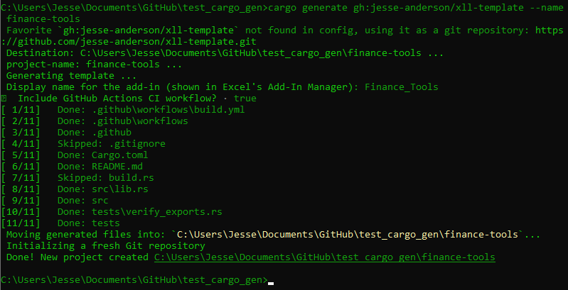Screenshot of terminal showing cargo-generate output with the two prompts and the "Done!" message