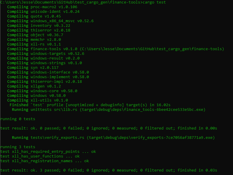 Screenshot of terminal showing cargo test with all 3 tests passing