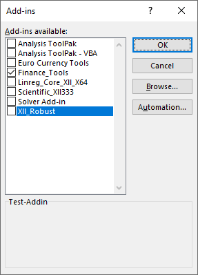 Screenshot of Excel Add-ins dialog with finance-tools.xll checked