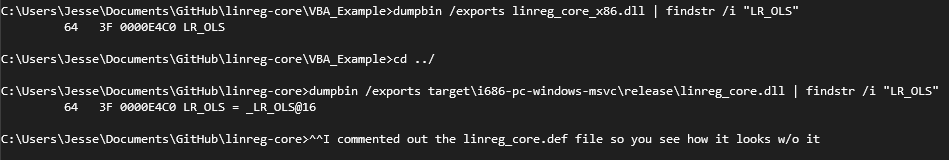 Figure 7. Export table inspection: dumpbin /exports reveals the decorated x86 name _LR_OLS@16 instead of LR_OLS.